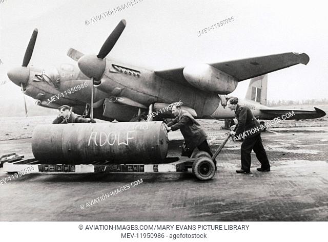 128 Squadron Royal Air Force RAF de Havilland Dh-98 Mosquito Being Loaded by Armourers with a 4, 000 Lb Hc 'Cookie' Bomb on a Trolley with a Message 'Happy Xmas...