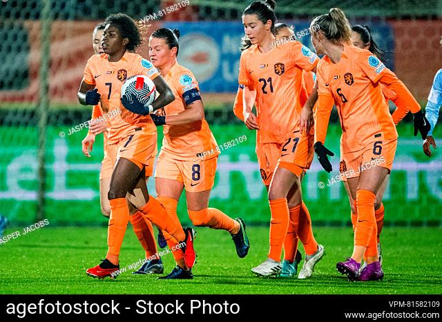 Dutch Lineth Beerensteyn celebrates after scoring during a soccer match between Belgium's national women's team the Red Flames and the Netherlands