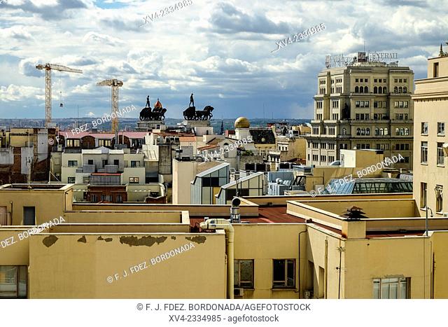 Panoramic views from Corte Ingles of Callao top floor, terrace. Madrid city. Capital of Spain. Europe