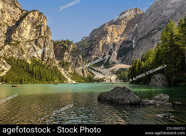 Lake Braies is a lake in the Prags Dolomites in South Tyrol, Italy