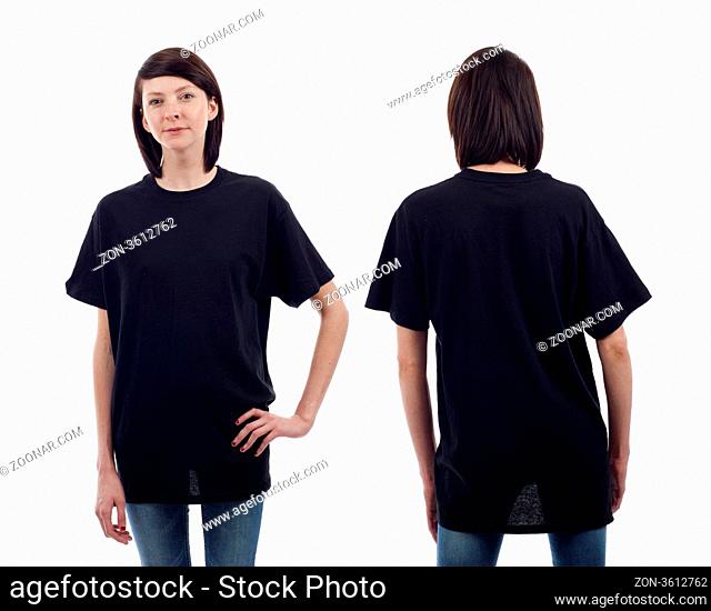 Young beautiful woman, model with blank black shirt, front and back. Ready for your design or logo