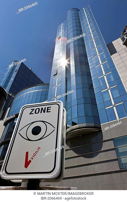 CCTV zone, European Parliament, Euro-City, Brussels, Belgium, Europe
