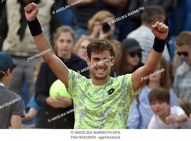 Argentinian tennis player Guido Pella celebrates his victory at the end of the men's singles semi-final match against his South Korean opponent Chung at the...