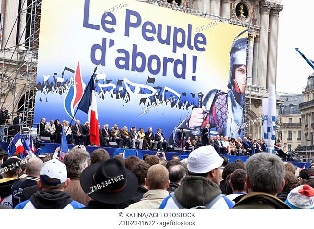 Marine Le Pen, leader of the far right National Front political party, speaks to supporters during the party's traditional May Day rally in Paris, France
