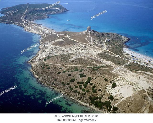 Aerial view of Tharros, archaeological site near the village of San Giovanni di Sinis, Cabras, Sardinia, Italy