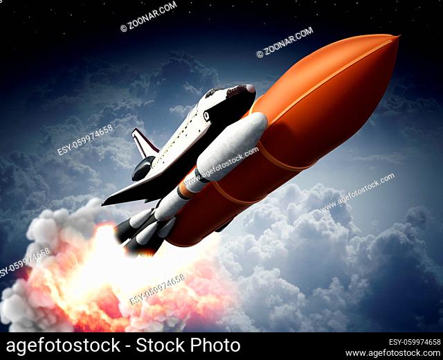 Rocket carrying space shuttle launches off. 3D illustration
