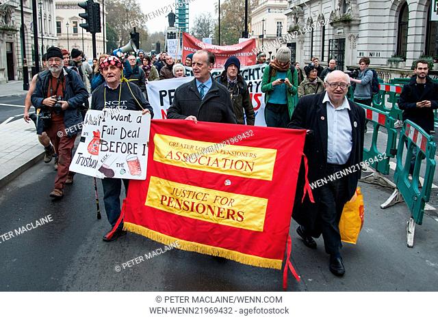 Old age pensioners and disabled people protesting outside the Institute of Directors on Pall Mall and outside the offices Energy UK on Lower Regent Street where...