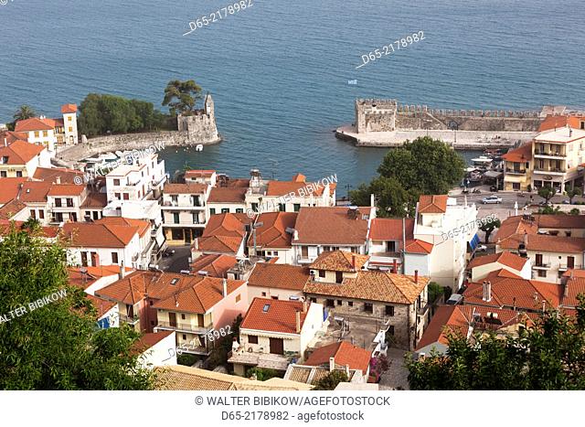 Greece, West Greece Region, Nafpaktos, elevated view of the inner harbor