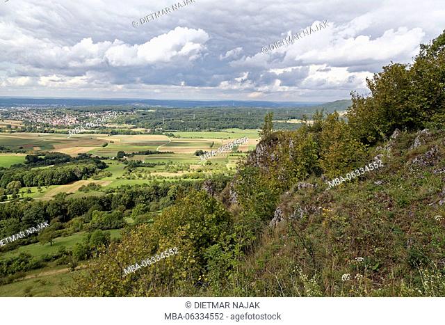 The Walberla (513.9 m high) the north peak of the Ehrenbürg (531.9 m high) in the foothills of Fränkische Alb with dolomite rocks, rural district Forchheim