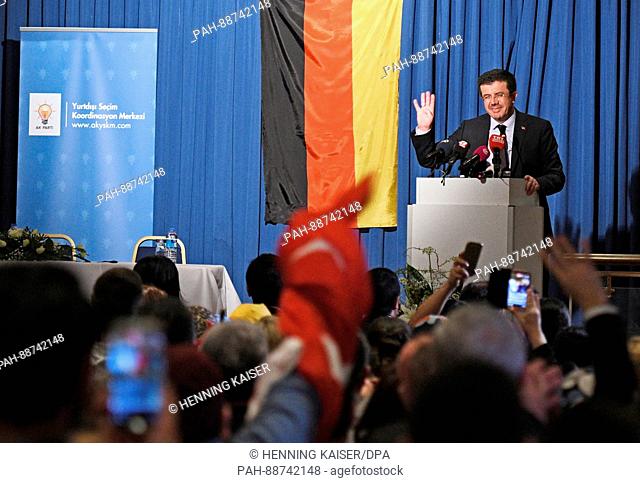 Turkish Minister of Economic Affairs Nihat Zeybekci speaking in front of a German flag inside the Senatshotel in Cologne, Germany, 05 March 2017
