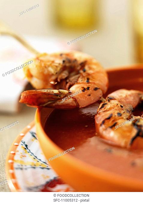 Gazpacho with shrimps close-up
