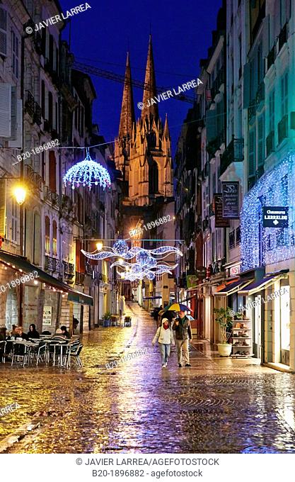 Rain, Christmas decoration, Sainte-Marie Cathedral, Bayonne, Aquitaine, Pyrénées-Atlantiques, Basque country, 64, France