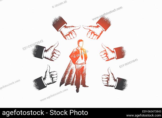 Successful businessman concept. Hand drawn businessman in superhero costume. Person surrounded by gesture thumbs up isolated vector illustration
