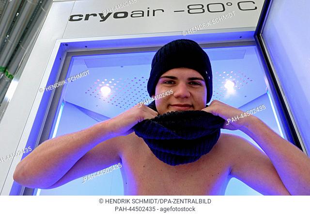 Apprentice at Mecotec GmbH, Peter Schneider, stands in a cold chamber with a temperature of minus 80 degrees centigrade in Bitterfeld-Wolfen