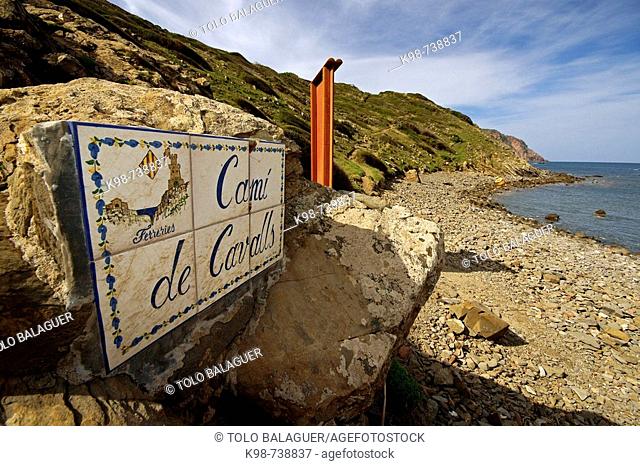 Ets Alocs, Cami de Cavalls sign, Minorca. Balearic Islands, Spain
