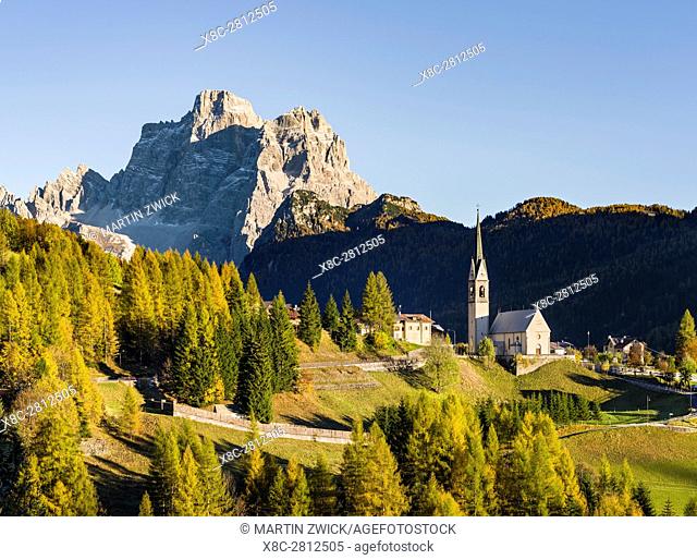 Village Selva di Cadore in Val Fiorentina. Monte Pelmo in the background, an icon of the Dolomites. The Dolomites of the Veneto are part of the UNESCO world...