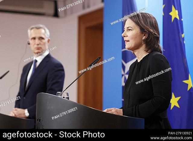 Federal Foreign Minister Annalena Baerbock speaks during a press conference with NATO Secretary General Jens Stoltenberg at the Foreign Ministry in Berlin