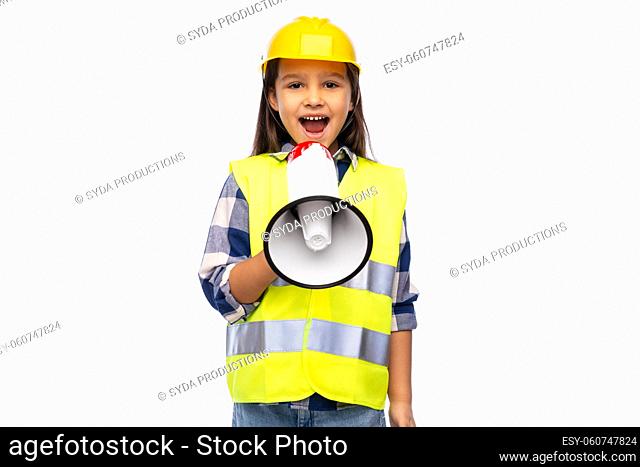 little girl in helmet talking to megaphone