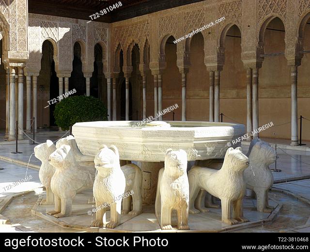 Granada (Spain). Fountain of the Patio de los Leones inside the Nasrid Palaces of the Alhambra in Granada