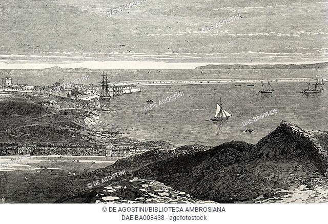 View of Holyhead, Holy Island, Anglesey, United Kingdom, illustration from the magazine The Illustrated London News, volume XLVI, March 18, 1865
