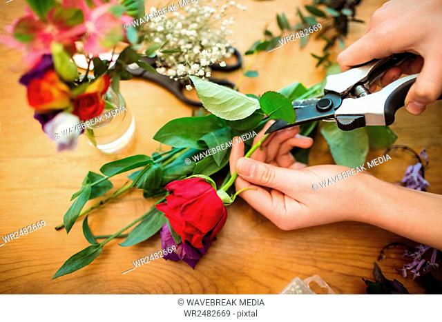 Female florist trimming flower stem at her flower shop