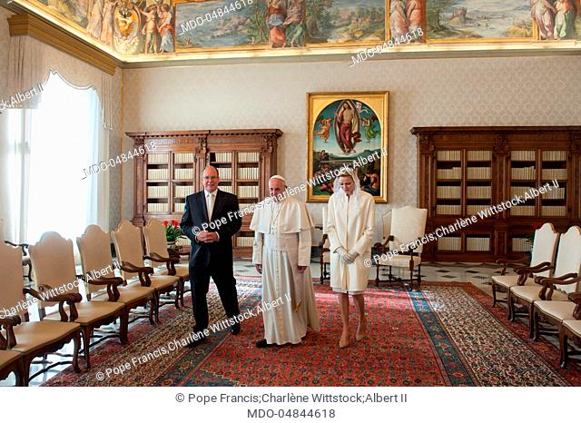 Pope Francis (Jorge Mario Bergoglio) meeting the Prince Albert II of Monaco (Albert Alexandre Louis Pierre Grimaldi) and his wife Charlène Wittstock in the...