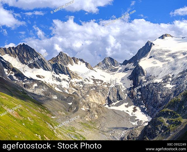 Valley Rotmoostal seen from Mt. Hohe Mut, Oetztal Alps in the nature park Oetztal near village Obergurgl. Europe, Austria, Tyrol
