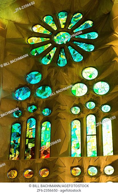Barcelona Spain Le Sagrada Familia Church stain glass interior of Gaudi designer Basilica church pillars started in 1882