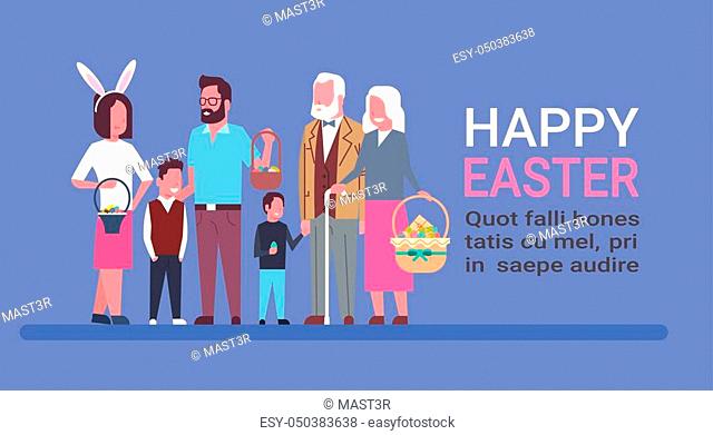 Big Family Celebrate Happy Easter Template Poster With People Holding Basket With Eggs And Wearing Bunny Ears Flat Vector Illustration