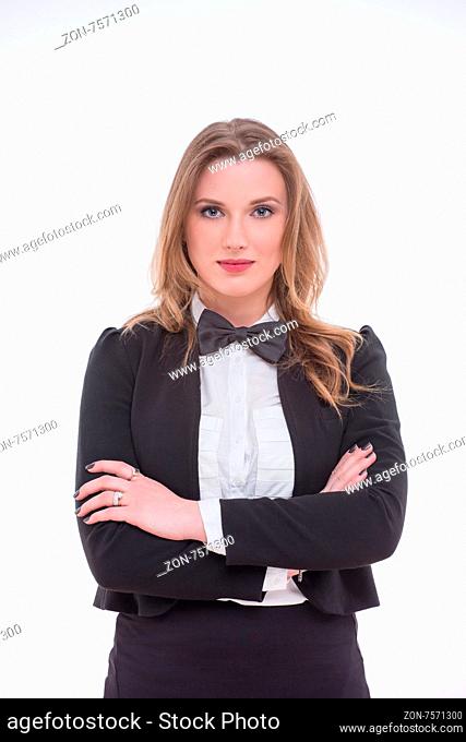 Portrait of business lady with red lips. Sexy woman with long blond hair standing her arms crossed isolated on white background