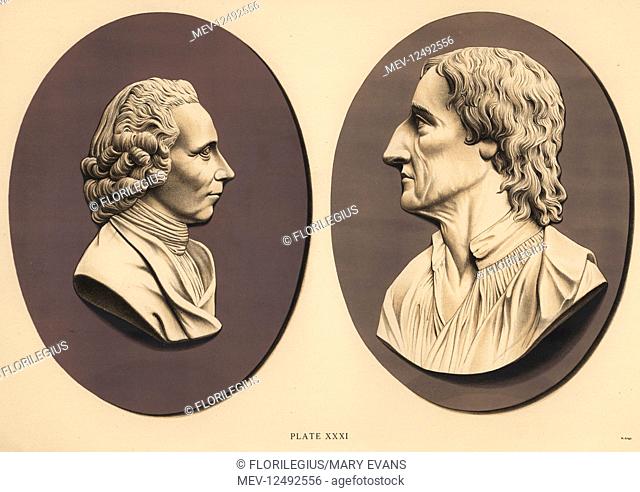 Portrait medallions of Joseph Priestley (L) and Robert William Boyle (R). Chromolithograph by W. Griggs from Frederick Rathbone's Old Wedgwood