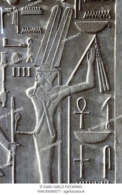 Luxor, Egypt, Karnak temple Reliefs and hieroglyphs on the column walls of the so called White Chapel of Sesostris I (Senousert or Senousret I) (1971-1926 b C )...