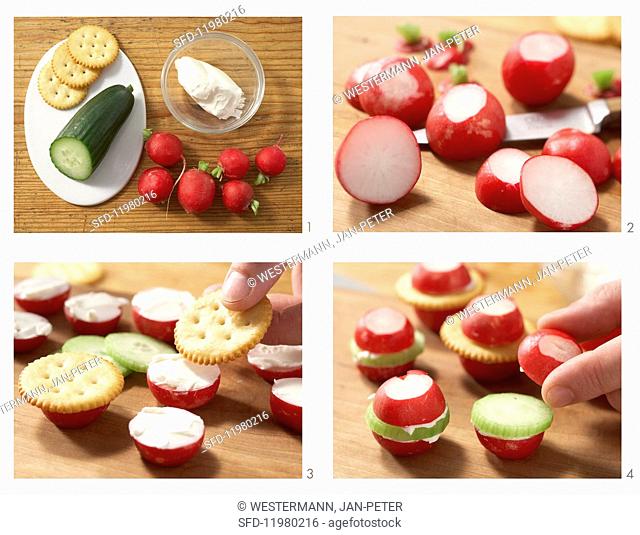 Radish sandwiches with cream cheese, cucumber and crackers being made