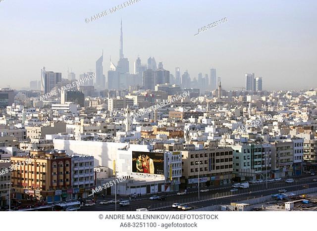 Downtown Deira and Burj Khalifa in the background in Dubai