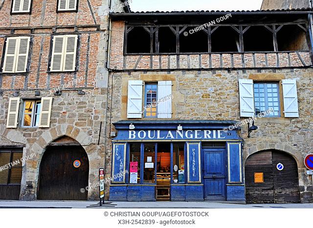 facade of medieval house with an open attic solelho on top and bakery shop, city of Figeac, Lot department, region of Midi-Pyrenees, southwest of France, Europe