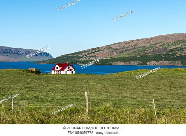 A lonely, white house with red roof on a meadow with mountains in the background in the Westfjords on Iceland