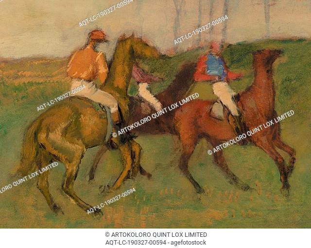 Edgar Degas: Jockeys and Race Horses, Edgar Degas, c. 1890–1895, Oil on panel, Overall: 12 5/8 x 16 1/8 in. (32 x 41 cm)