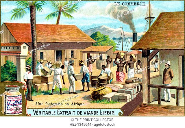 Trade: trading post in Africa, c1900. Colonial trading post. French advertisement for Liebig's extract of meat