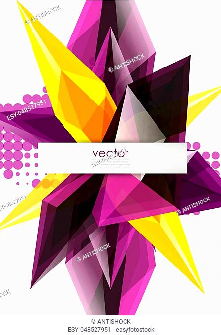 Colorful blooming crystals vector abstract background. Glass transparent effect shiny 3d triangular forms