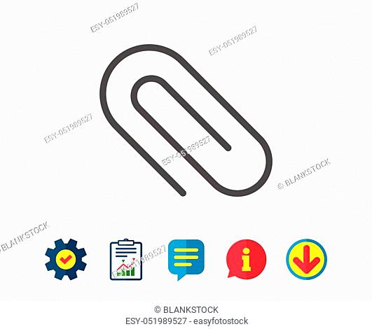 Attach line icon. Attachment paper clip sign. Office stationery object symbol. Report, Service and Information line signs
