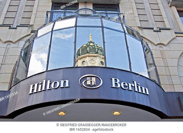Hilton Hotel, Berlin, German Cathedral mirrored in windows, Mitte district, Berlin, Germany, Europe