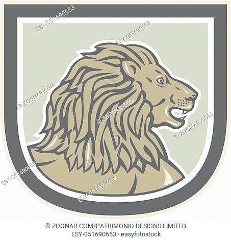 Illustration of an lion big cat head viewed from side set inside shield crest on isolated background done in retro style