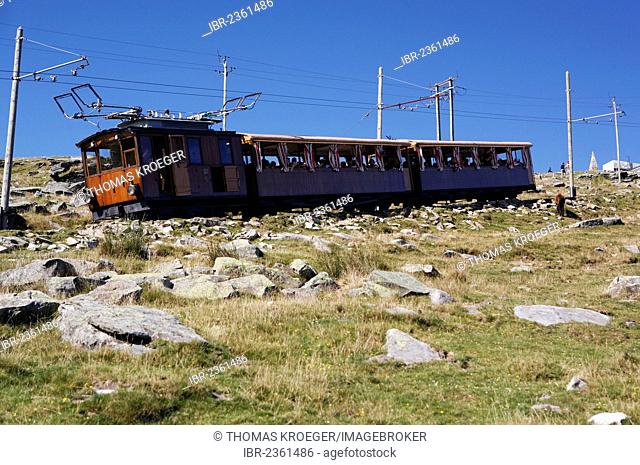 Historic funicular from 1924 up to the summit of La Rhune Mountain, 905m, Basque Country, Pyrenees, Aquitaine region, department of Pyrénées-Atlantiques, France