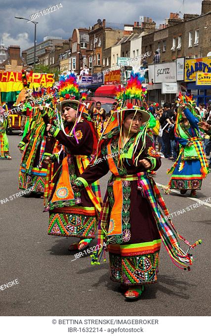 Bolivian dancers at Carnaval del Pueblo, Latin American carnival parade in London, England, United Kingdom, Europe