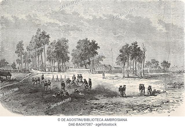 The French military base in Trang Bang, Vietnam, from a sketch by Michaud, illustration by Jules Gaildrau from L'Illustration, Journal Universel, No 1165