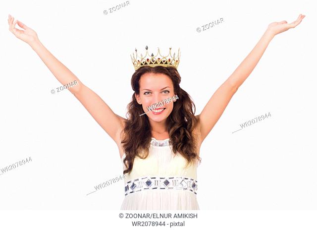 Woman with gold crown isolated on white