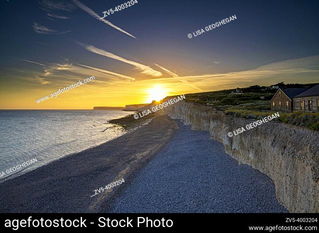 The Seven Sisters at Birling Gap during sunset on the South Downs National Park, Eastbourne, East Sussex, England, Uk, Gb