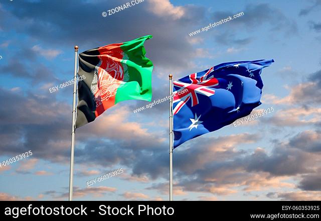 Beautiful national state flags of Australia and Afghanistan together at the sky background. 3D artwork concept