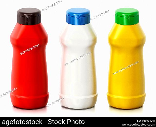 Ketchup, mayonnaise and mustard bottles isolated on white background. 3D illustration