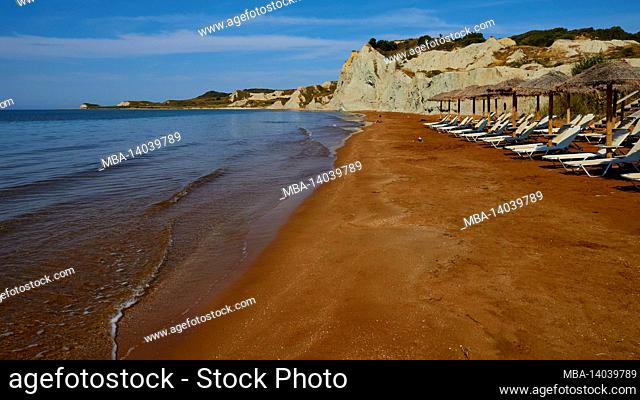 greece, greek islands, ionian islands, kefalonia, xi beach, red sands, rocks white, sky blue